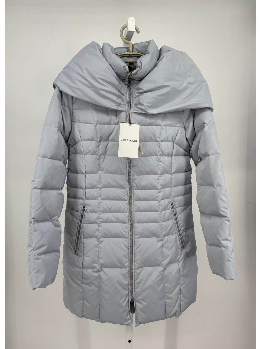 Cole Haan Taffeta Coat Womens XS Gray Shawl Collar Down Feather Quilted Winter
